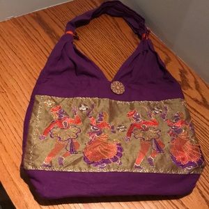 Purple gold and orange shoulder bag w button close